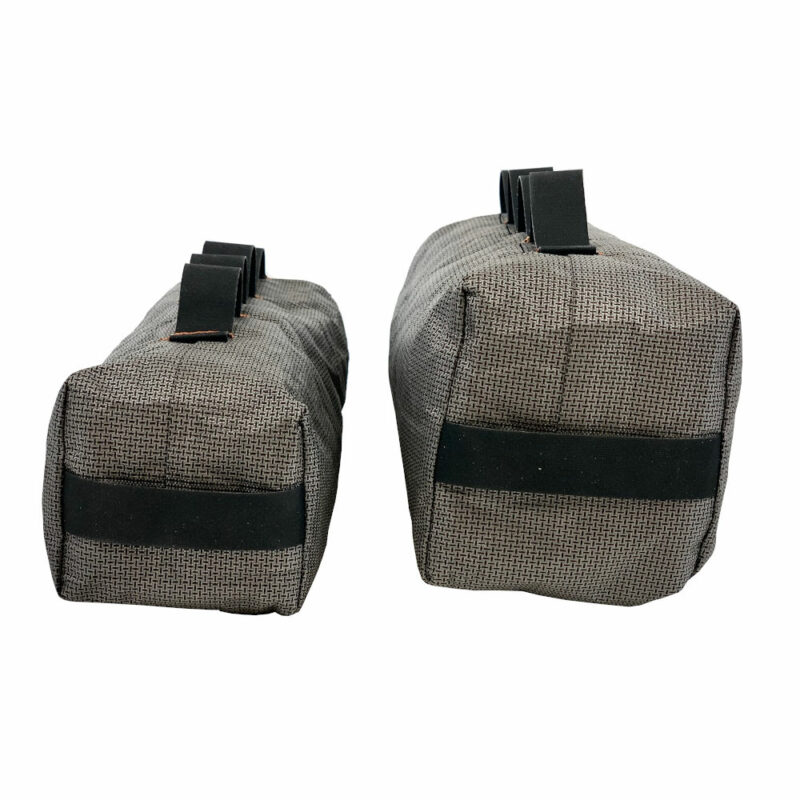 A back view of the Ultra Fork Dry Bags with the 1.6L on the left and the 2.5L on the right. Daisy chain is visible on side, and bottom strap is visible on bottom.