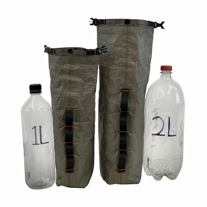 Ultra Fork Dry Bags Size Comparison. A 1L bottle next to a 1.6L bag, and a 2L bottle next to the 2.5L bag.