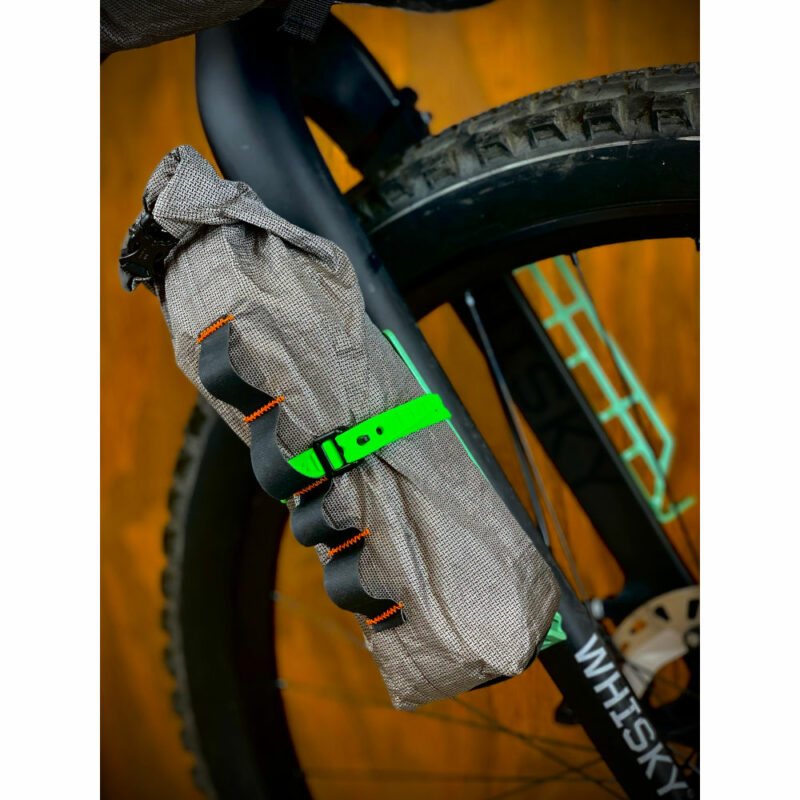 A 1.6L Ultra Fork Dry Bags on a Bike's front fork.