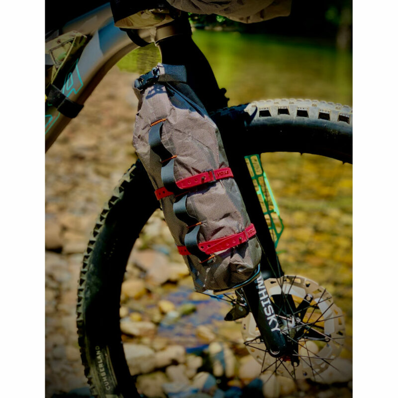 An image showing the Fork Dry Bags on the front forks of a mountain bike