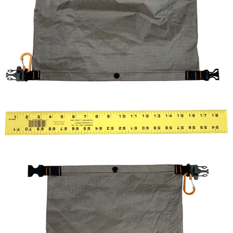 An image of the Ultra 200 Food Bags laying flat with the roll tops next to a ruler. The large bag, at the top, shows it is approx. 15" wide. The small bag, at the bottom, shows it is approx. 12" wide.