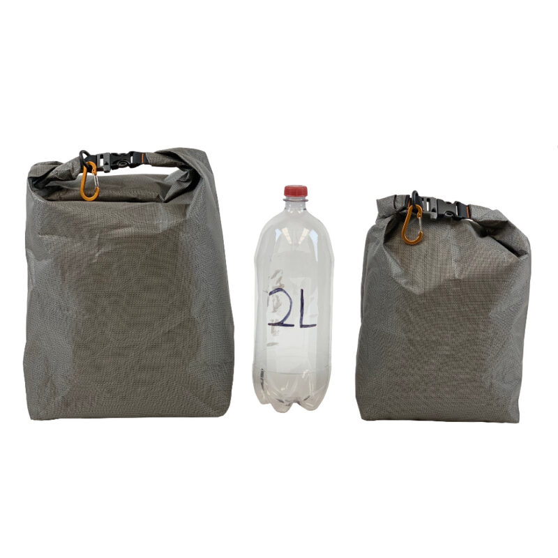 Ultra 200 Food Bag Size Comparison showing Large on the left, a 2L soda bottle in the middle, and a small on the right