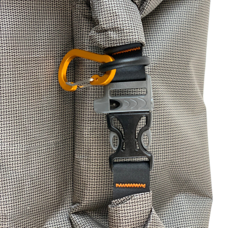 The Ultra 200 Food Bag Closure detail showing the rolltop, buckle (with built in whistle) and caribiner on plastic d-ring.